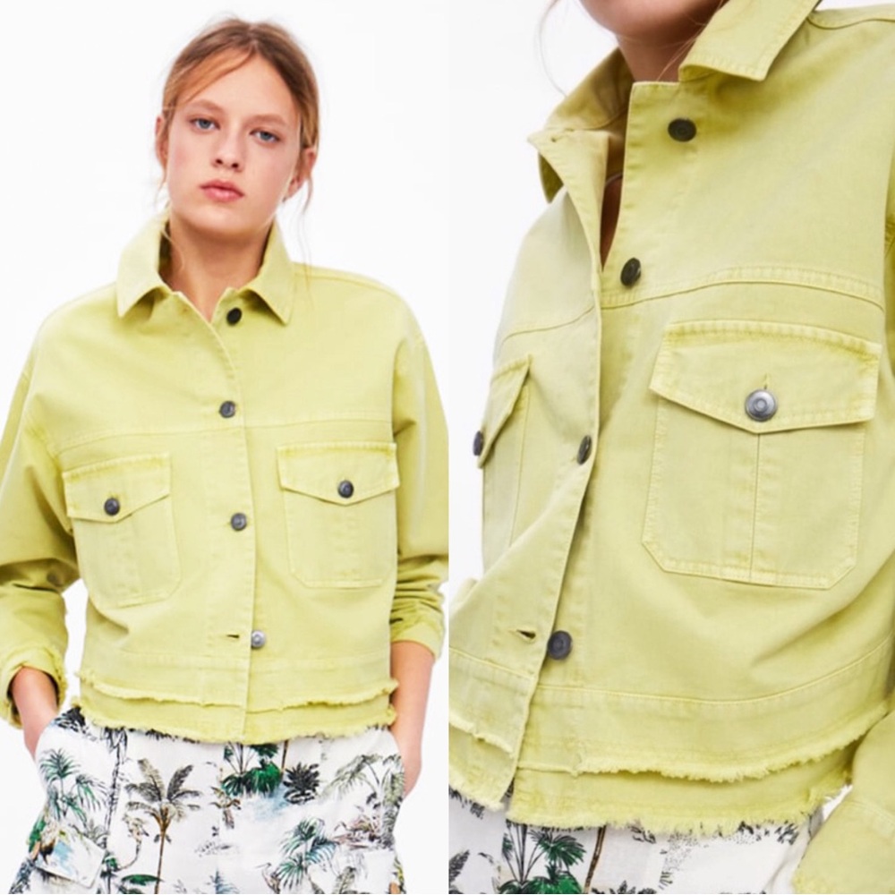 ZARA Chartreuse Raw Hem Denim Jacket Women’s Size Medium NWT